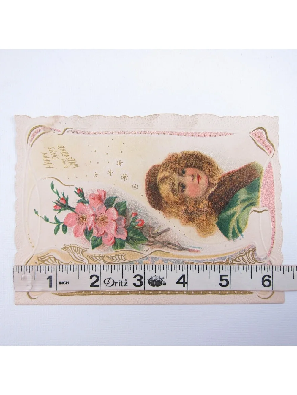 Antique Valentine Blonde Girl Green Coat Pink Flowers Embossed Bifold UNSIGNED